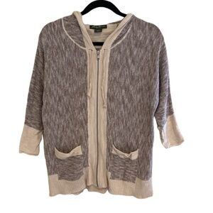 Eddie Bauer 3/4 sleeve hooded full-zip cardigan/jacket. Size L. Tan/cream color.